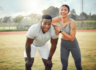 Couple, outdoor and portrait on field for fitness, together and teamwork in resting as happy people. Woman, man and routine for training, strong muscle and endurance with support, love and care