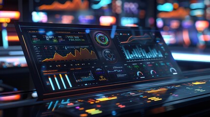 Naklejka premium futuristic console displaying treasury investment strategies, with interactive 3D models of market conditions and asset performance
