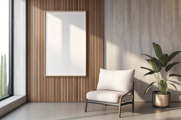 blank empty frame on wall mock up design in living room with houseplant pot and armchair, cozy comfortable tranquil airy natural light