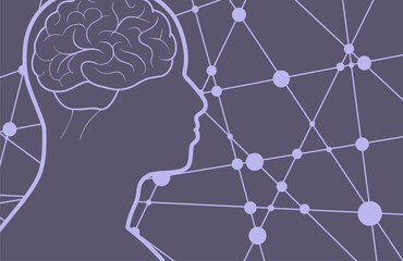 Profile of the head of a man. Brochure template. Mental health and artificial intelligence relative design. Scientific medical background. Connected lines with dots.