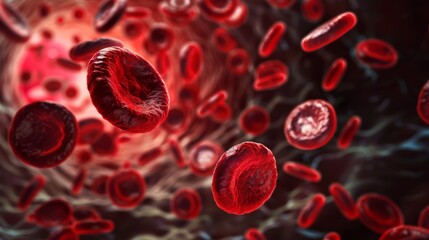 Red blood cells in vein. Blood cells flowing through a capillary bloodstream. Medicine and biology