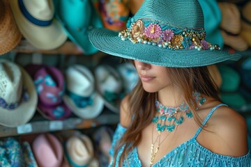 Woman Wearing Teal Embroidered Hat In A Hat Shop