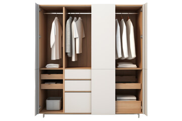sleek, modern wardrobe with clean lines and ample storage space, isolated on a white background