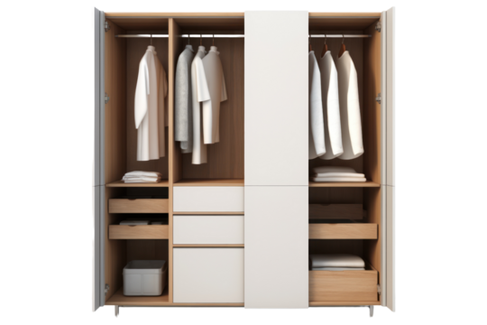 sleek, modern wardrobe with clean lines and ample storage space, isolated on a white background