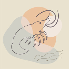 Large prawn shrimp, drawn by graphic lines on a blobs background. Element for a menu of fish restaurants, for packaging in markets and in stores. Healthy seafood concept