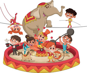 Cute circus cartoon characters and animals. Vintage carnival children.