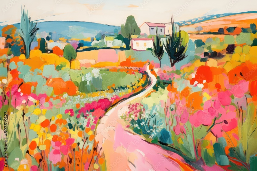 Wall mural Flower garden on hill painting outdoors nature.