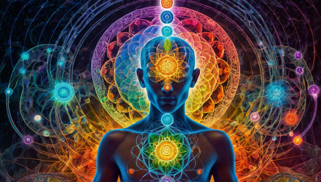 A person meditating in a yoga pose, with seven glowing chakra points on their body. Surrounded by vibrant energy patterns the background represents the vast universe, energy, and tranquility.