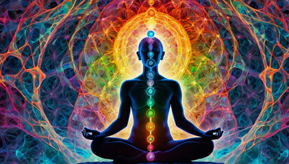 A person meditating in a yoga pose, with seven glowing chakra points on their body. Surrounded by vibrant energy patterns the background represents the vast universe, energy, and tranquility.