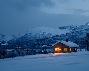 small cozy cabin in the snow, surrounded by mountains