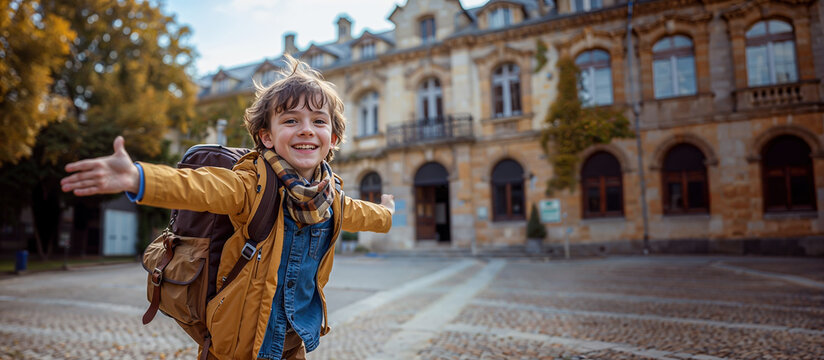 un enfant heureux court dans la cours de l'&eacute;cole, les bras &eacute;cart&eacute;s, le jour de la rentr&eacute;e scolaire