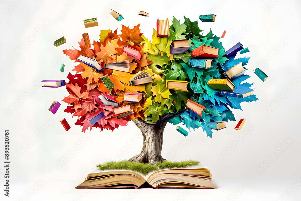 Sticker Celebrate International Literacy Day. A vibrant concept with a tree adorned with colorful books as leaves. Promote education, knowledge, and literacy on a white background.