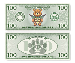 Vector illustration. Game childrens money. Obverse and reverse of 100 dollars banknote. Cartoon Teddy bear warrior in armor and with swords. Animal paw prints. Denomination of one hundred. Part 1.
