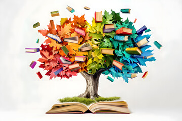 Celebrate International Literacy Day. A vibrant concept with a tree adorned with colorful books as leaves. Promote education, knowledge, and literacy on a white background.