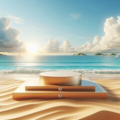 Obraz premium Beach podium summer background sand product 3D sea display platform. Beach podium summer banner stand scene sale sky holiday vacation stage water island sun travel pedestal promotion presentation ad