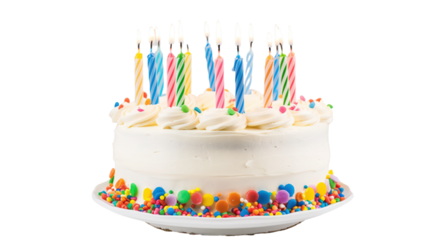 Beautiful birthday cake with colorful candles isolated on transparent background
