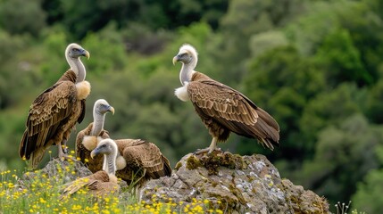 Six vultures rest on rocks in a grassy meadow with yellow wildflowers