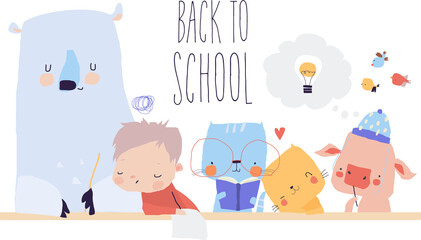 Funny Cartoon Friends learning in the School. Vector Illustration