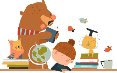 Funny Cartoon Friends learning in the School. Vector Illustration