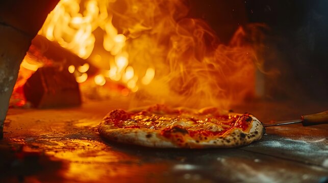 A pizza is being cooked in a wood fired oven.