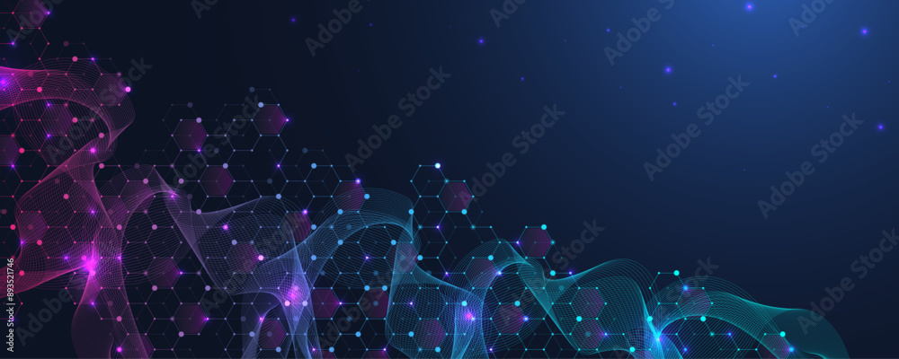 Poster Technology abstract background lines, dots and hexagons. Hexagonal digital concept for poster, banner, header, footer