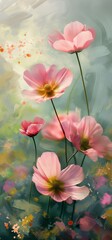 pink cosmos grungy texture oil painting artwork of flower blossom bouquet, still life paint style illustration	
