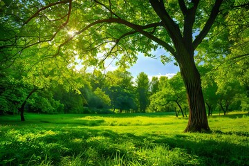 Obraz premium A green field with trees and sun shining.