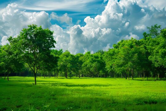 A green field with trees and clouds in the sky.