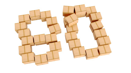 number 80 eighty shaped by cardboard boxes isolated on a transparent background