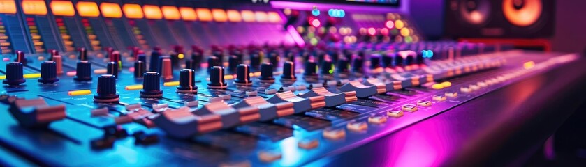 Obraz premium Waveforms pulsing on a mixing console, acoustic panels absorbing sound, advanced 3D music mixing environment