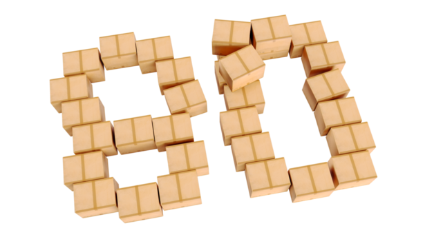 number 80 eighty shaped by cardboard boxes isolated on a transparent background