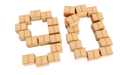 number 90 ninety shaped by cardboard boxes isolated on a transparent background