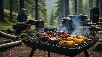 Providing BBQ food in the mountain forest