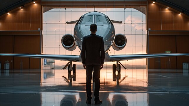 A suited businessman gazes at a sleek private jet in a spacious hangar, reflecting luxury and success against a stunning sunset backdrop.