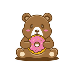Obraz premium Simple illustration of cute bear eating a doughnut with icing and sprinkles