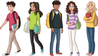 Cartoon teenagers students. Students walking and standing up.
