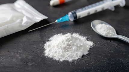 Fototapeta premium Close-up of white powder cocaine with a syringe, spoon, and plastic bag on a dark surface, representing drug use.