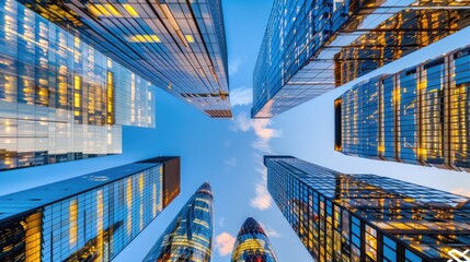 A low angle view of six modern skyscrapers, with glass facades, reaching toward a cloudless blue sky
