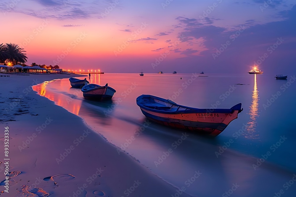 Canvas Prints scenic sunset with boats on a calm sea, photo