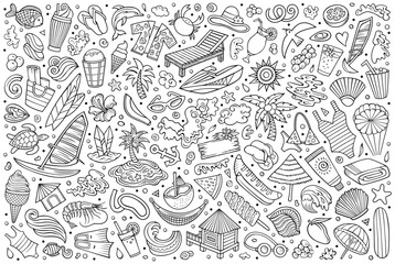 Fototapeta premium Vector doodle cartoon set of Summer beach theme objects and symbols