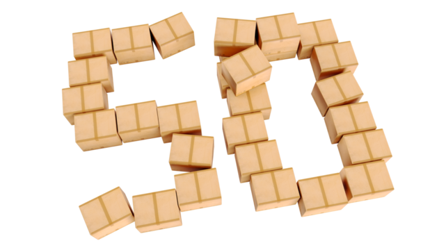 number 50 fifty shaped by cardboard boxes isolated on a transparent background
