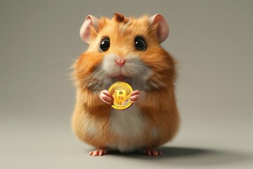 cartoon naive hamster holding bitcoin on a light background, symbolizes a newcomer to the world of cryptocurrencies, Hamster Kombat concept