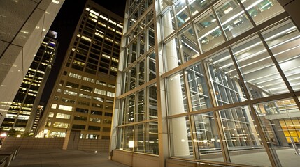A low angle view of six modern skyscrapers, with glass facades, reaching toward a cloudless blue sky