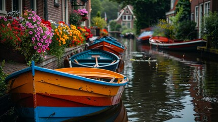A row of colorful boats on a canal.