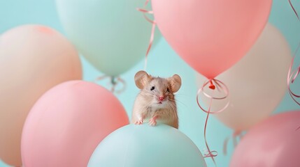 Naklejka premium Cute mouse with pastel balloons