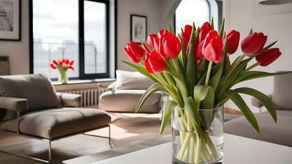Red tulips in modern living room - home decor