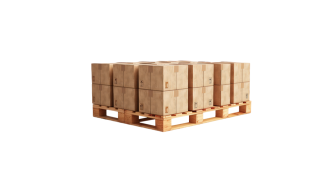 Cardboard boxes on wooden pallet isolated on transparent background