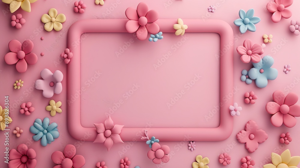 Canvas Prints A pastel pink frame with flowers and a butterfly on a pastel pink background.