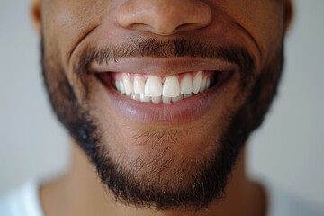 Fototapeta premium Man's shining smile close-up, white healthy teeth. Dentistry charm portrait