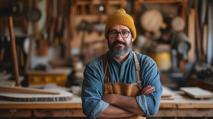 A dedicated carpenter meticulously working in a rustic workshop, surrounded by tools and freshly cut wood, showcasing the artistry of craftsmanship.